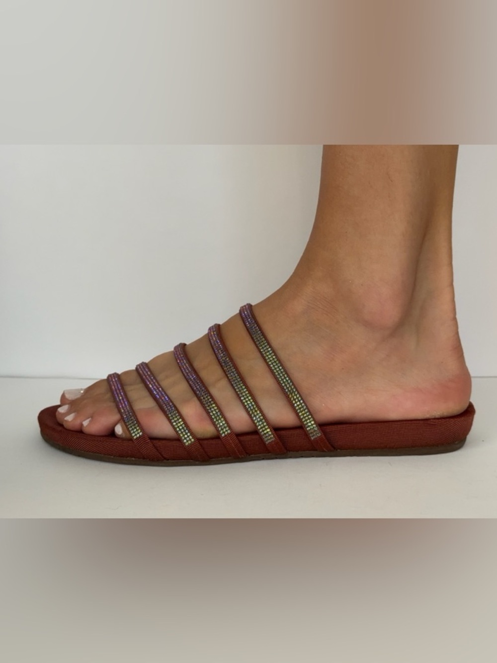 Pedro Garcia Rust Brown Slide Sandals with Iridescent Crystal Straps